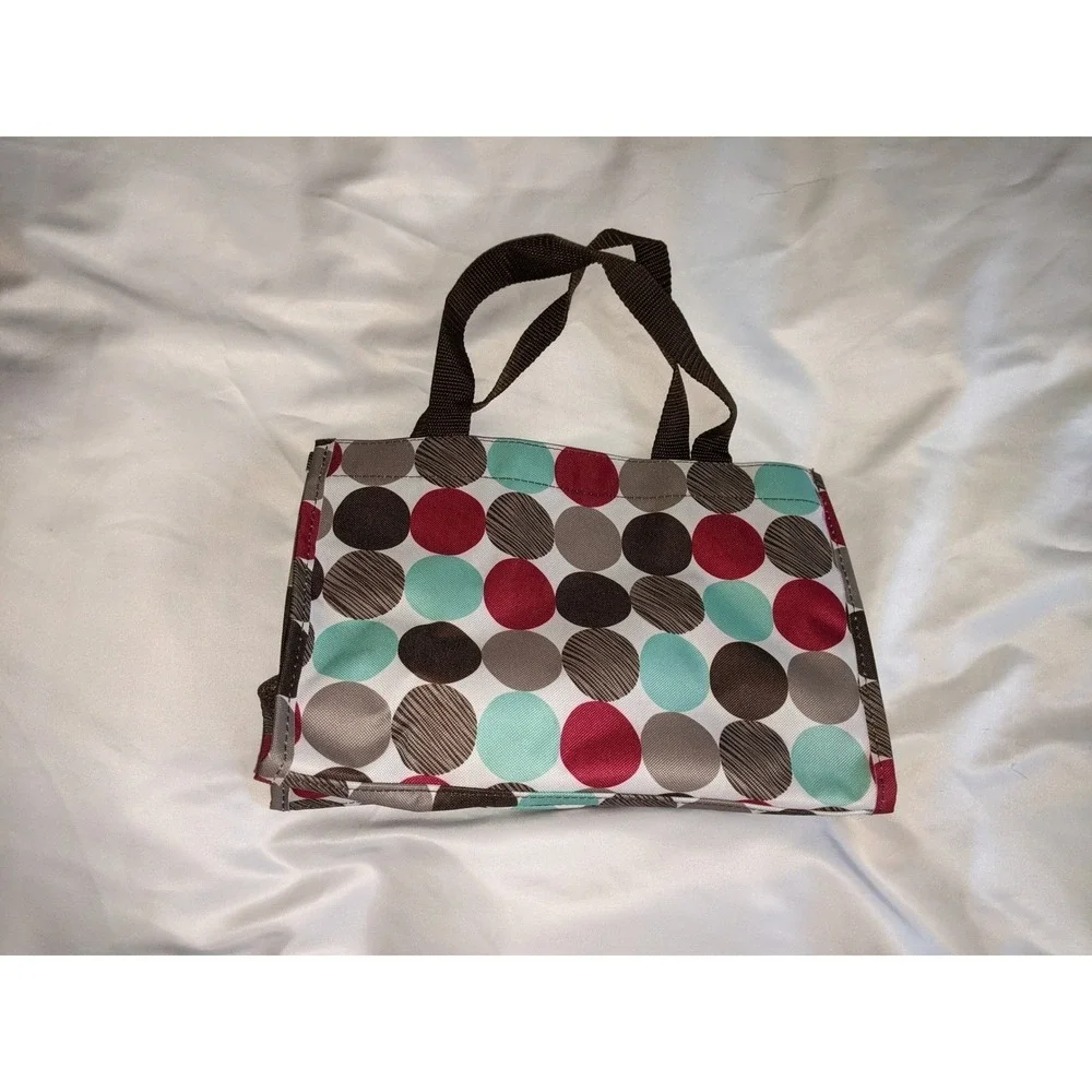 Thirty-One Small Tote Bag Polka Dot Red Teal Brown 12x8x5